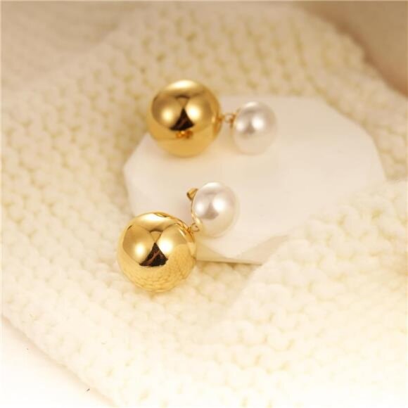 18K Gold-Plated Classic Pearl Drop Earrings – Semi-Round Studs & Ball Dangles - Picture 4 of 7